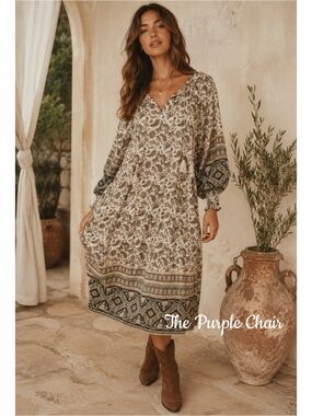 SPELL Boho Balloon Sleeve Brown Ash Paisley Print Journey Midi Dress